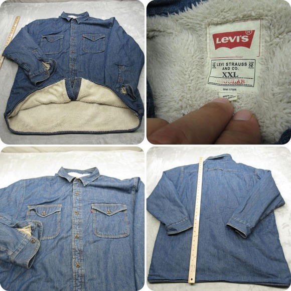 LevisShirt Jacket Mens XXL Blue Pockets Chambray Sherpa Fleece Lined Button Up